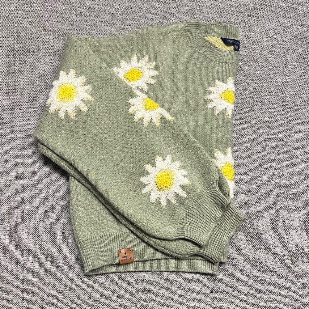 Sage Green with Daisy Pattern Knit Cropped Sweater; Crew Neck with Drop Sleeve